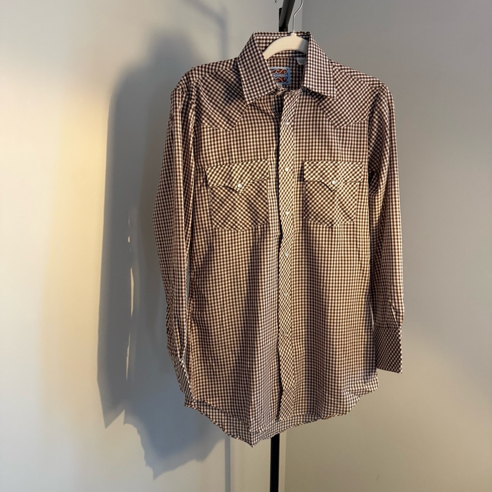 Cowboy Core Vintage Pearl Snap Shirt Brown Gingham Western Rodeo Sheplers S